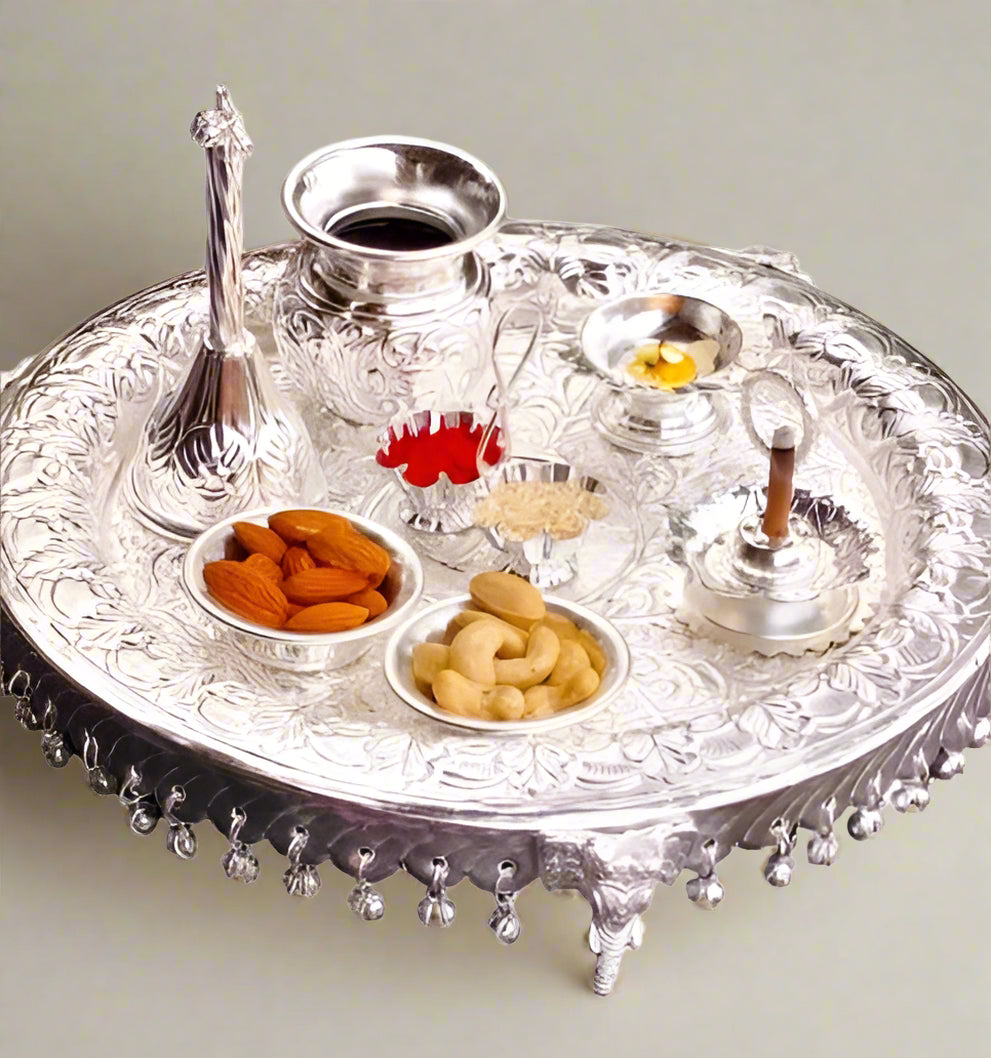 German Silver Elephant Design nakkashi aarti thali Set with ghungru Combo Set of 9 Pieces